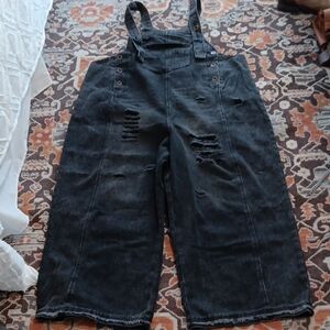 Easel Distressed Black Denim Wide Leg Overalls